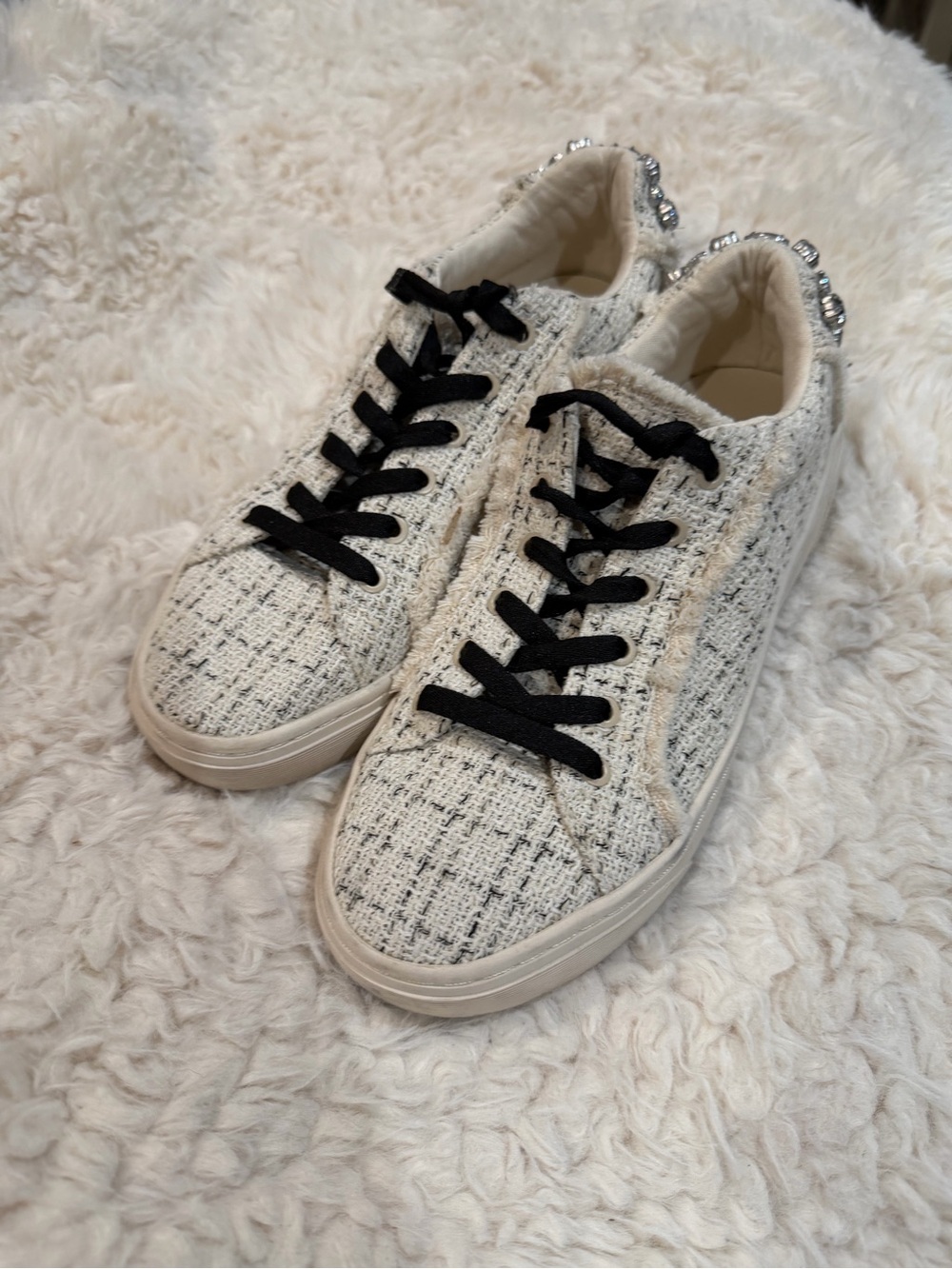 Zara Ivory and Black Tweed Lace-Up Sneakers with Jeweled Heel